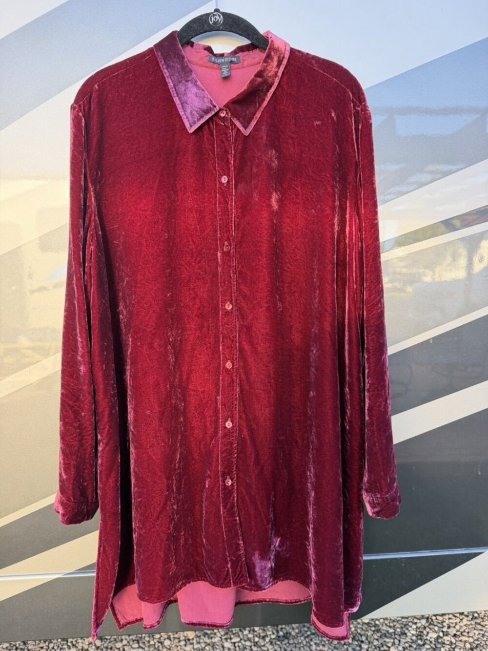 Eileen Fisher maroon crushed velvet holiday tunic collared shirt XL lagenlook